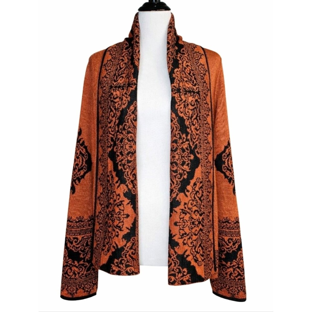 Simply Natural Designs Peruvian Alpaca Drape Front Orange Black Cardigan Sweater